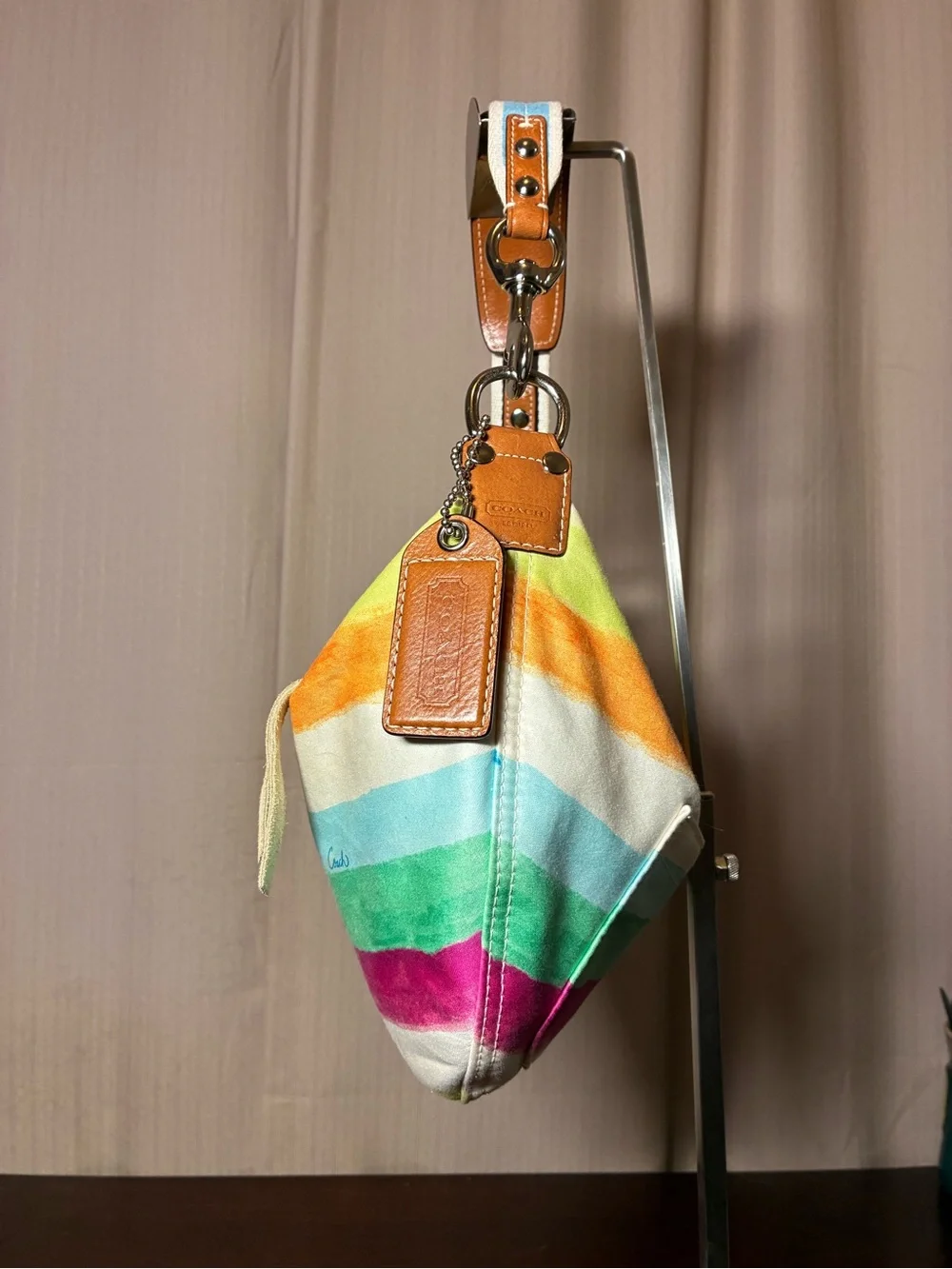 Coach Rainbow Striped Canvas Shoulder Bag with Leather Trim